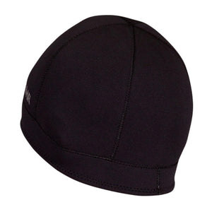 Black neoprene swim cap with stitched seams