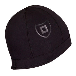 Black neoprene surf beanie with a shield logo