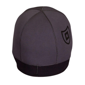 Grey neoprene surf cap with black trim and shield logo