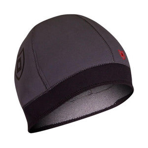 Dark grey neoprene surf beanie with black trim and logo