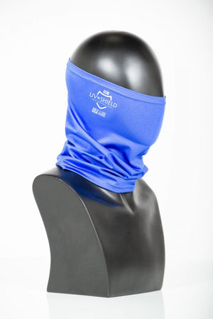 Stormr blue UV Shield neck gaiter on a mannequin head