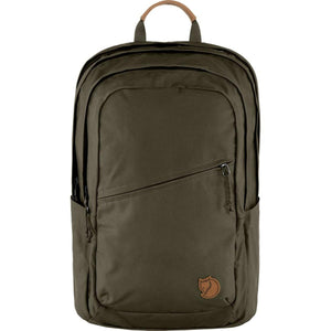 Olive green FjallRaven backpack with a leather top handle and front zippered pocket