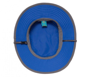 Interior view of a blue and grey Sunday Afternoons sun hat showing the mesh lining and adjustable strap