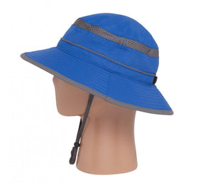 Sunday Afternoons blue sun hat with grey mesh ventilation and chin strap on a mannequin head