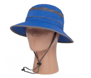 Sunday Afternoons blue sun hat with grey trim and chin strap on a mannequin head