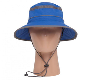 Sunday Afternoons blue sun hat with grey mesh ventilation and adjustable chin strap on a mannequin head