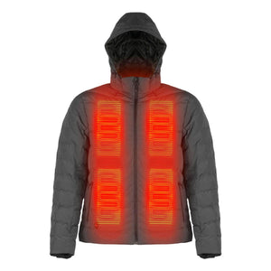 Dark grey hooded puffer jacket with glowing red heating elements on the chest