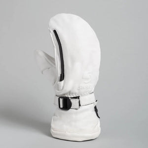 White Swany leather mitten with black zipper and wrist strap