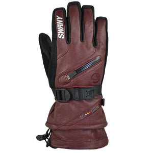 Swany burgundy leather ski glove with zipper pocket and adjustable wrist strap