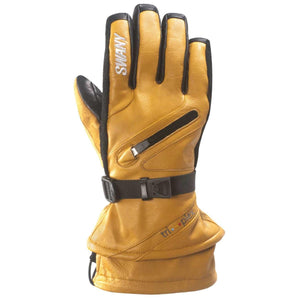 Swany tan leather ski glove with black trim and wrist strap
