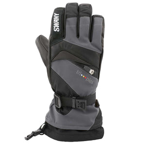 Swany grey and black winter glove with zippered pocket and adjustable wrist strap