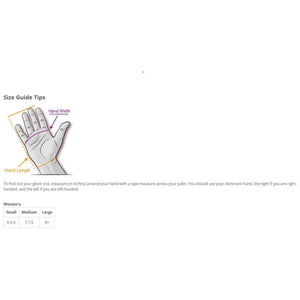 Swany women glove size guide showing hand measurement points and size chart