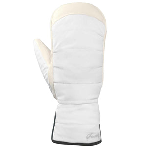 Swany white insulated winter mitten with cream leather trim