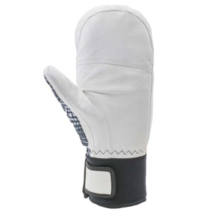 White leather mitten with black patterned palm and adjustable black wrist strap