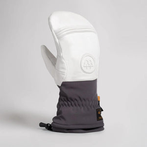 White leather mitten with grey cuff and embossed logo