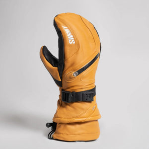 Swany yellow leather ski mitten with black accents and adjustable wrist strap