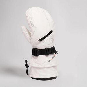 Swany white leather ski mitten with black wrist strap and zipper pocket