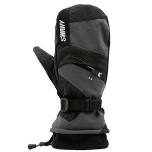 Swany black and grey insulated winter mitten with wrist strap and zippered pocket
