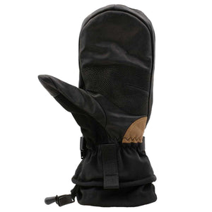 Swany black leather mitten with adjustable wrist strap and drawstring cuff