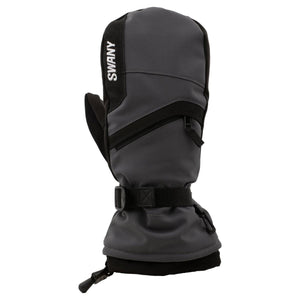 Swany grey and black winter mitten with zippered pocket and adjustable wrist strap