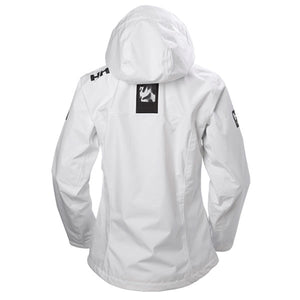 Back view of a white Helly Hansen hooded jacket with black logo details