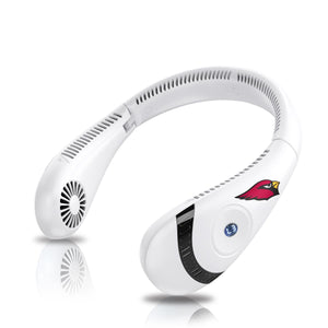 White wearable neck fan with Arizona Cardinals logo