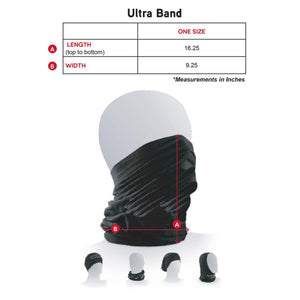 Headsweats Ultra Band size chart showing length and width measurements on a mannequin head