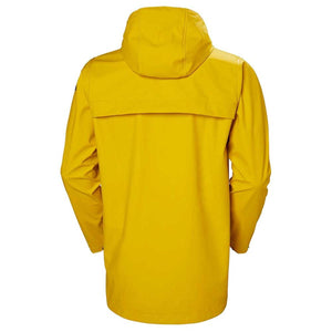 Back view of a yellow Helly Hansen hooded rain jacket