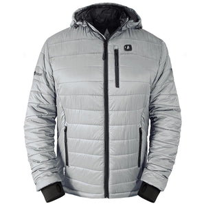 ActionHeat grey hooded puffer jacket with black zippers and cuffs