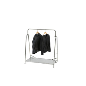 Snow Peak metal garment rack with two black jackets hanging on wooden hangers