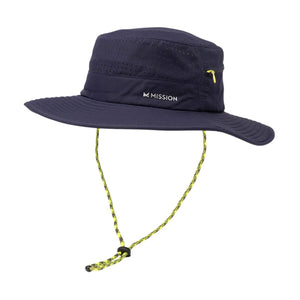 Mission navy blue bucket hat with perforated side panels and yellow drawstring cord