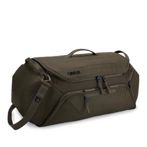 Thule olive green duffel bag with top handle and side zipper pockets