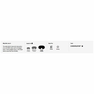 Smith Optics product specifications chart showing large frame fit for snow and sunny conditions with ChromaPop technology