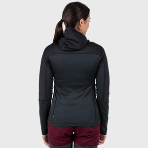 Back view of a person wearing a black FjallRaven hooded fleece jacket