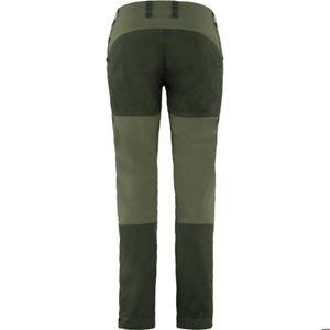 Back view of olive green outdoor trousers with reinforced seat and leg panels