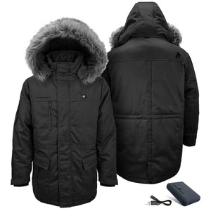 ActionHeat black hooded parka with faux fur trim shown from front and back with battery pack and charging cable