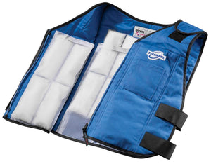 TechKewl blue cooling vest with internal white mesh pockets
