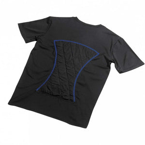 TechKewl black short sleeve cooling shirt with blue stitched quilted back panel