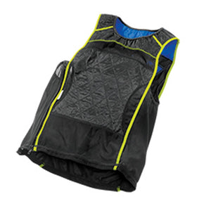 HyperKewl black cooling vest with neon yellow trim and blue interior lining
