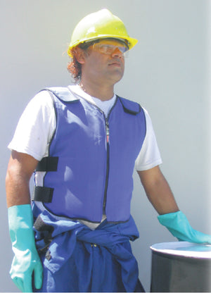 Worker wearing a TechKewl blue cooling vest, yellow hard hat, safety glasses, and green protective gloves