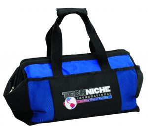 TechKewl blue and black duffel bag with TechNiche International logo