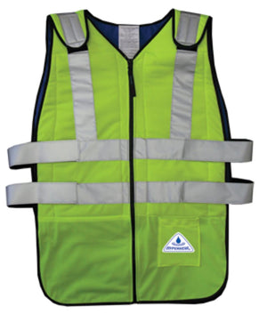 TechKewl neon yellow high visibility cooling vest with reflective strips and front zipper