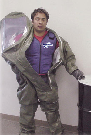 Person wearing a TechKewl cooling vest under a hazardous materials suit