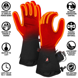 Temp360 heated gloves with feature icons highlighting battery power, temperature control, and heating zones