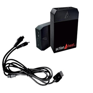 Two black ActionHeat power banks with a USB charging cable