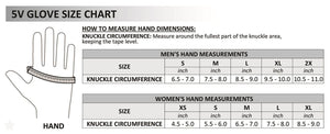 Temp360 5V glove size chart showing knuckle circumference measurements for men and women