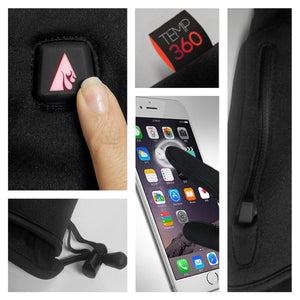 Temp360 heated gloves showing power button, touchscreen compatibility, zipper pocket, and adjustable wrist strap