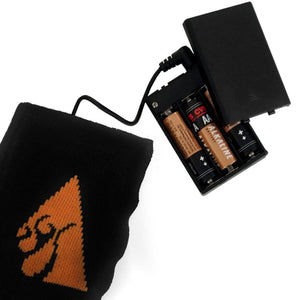 Temp360 black fabric sleeve with orange logo connected to a black AA battery pack