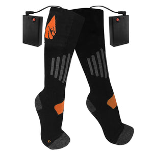 Temp360 black heated socks with battery packs and orange gorilla logo