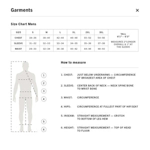 Terramar mens size chart with measurement instructions for chest sleeve waist hips inseam and height